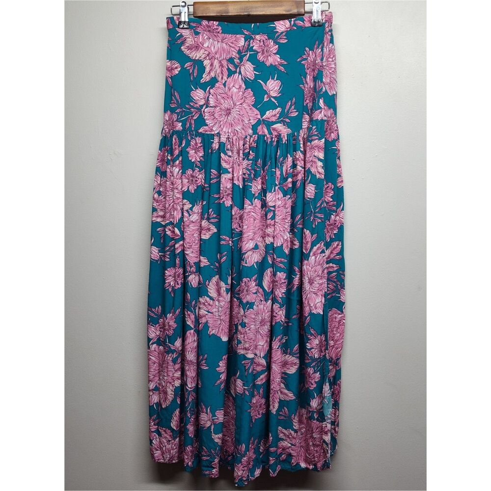 Abel the Label Anthropologie Maxi Skirt Women S Green Pink Floral Slit Boho Chic